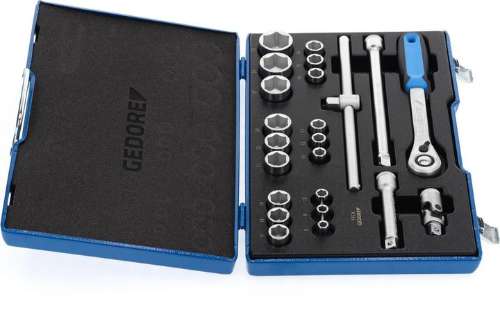 Actual product image Gedore 19 EMU-20 Socket spanner set 1/2", 23 pieces, hexagonal, 8-32 mm (32 mm, 18 mm, 11 mm, 12 mm, 20 mm, 19 mm, 27 mm, 15 mm, 25 mm, 13 mm, 21 mm, 14 mm, 29 mm, 8 mm, 10 mm, 30 mm, 23 mm, 26 mm, 22 mm, 17 mm, 28 mm, 9 mm, 16 mm, 24 mm, 31 mm)