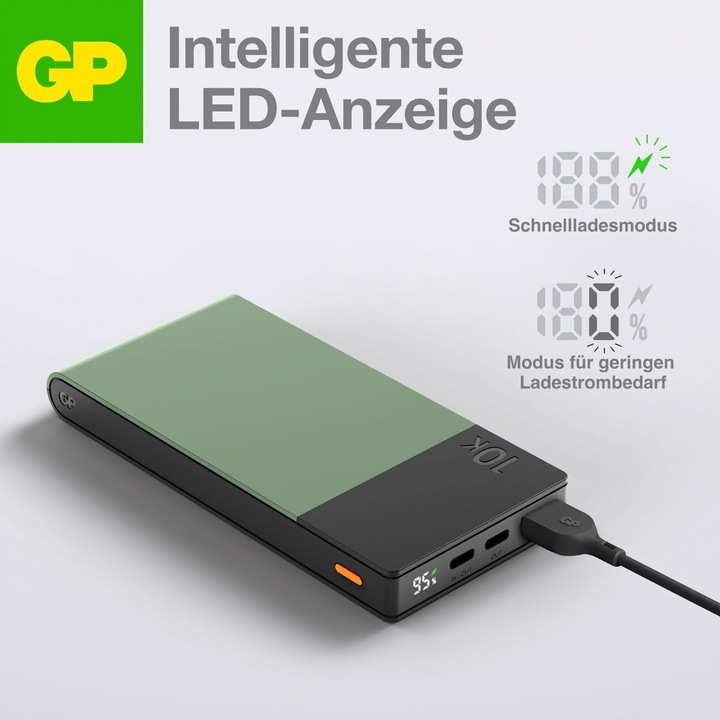 Produktbild GP Batteries GP PowerBank M2+ 10C 10000mAh 2xUSB-C/1xUSB-A grün LED-Anzeige (10000 mAh, 22.50 W, 37 Wh)