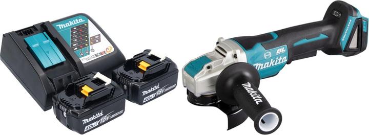 1x smerigliatrice angolare a batteria Makita DGA 520, 1x impugnatura laterale 36 cpl. (158237-4), 1x coperchio di protezione 125 mm (347618-9), 2x batteria Makita BL 1840 B 18 V 4.0 Ah, 1x caricabatterie Makita DC 18 RC