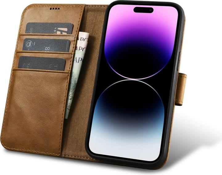 Actual product image iCarer Oil Wax Wallet Case 2in1 Cover iPhone 14 Pro Anti-RFID Leather Flip Case Brown (WMI14220722-T (Apple iPhone 14 Pro)
