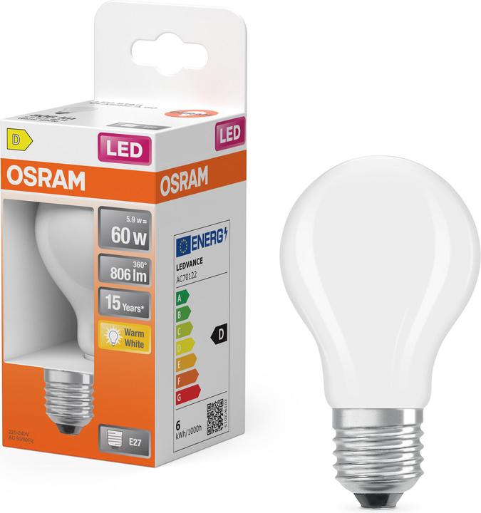 Produktbild Osram LED Leuchtmittel LED Retrofit CLASSIC A 5.9W 827 Frosted E27 Warm weiss 4099854467738 (E27, 5.90 W, 806 lm, 6 x, D)