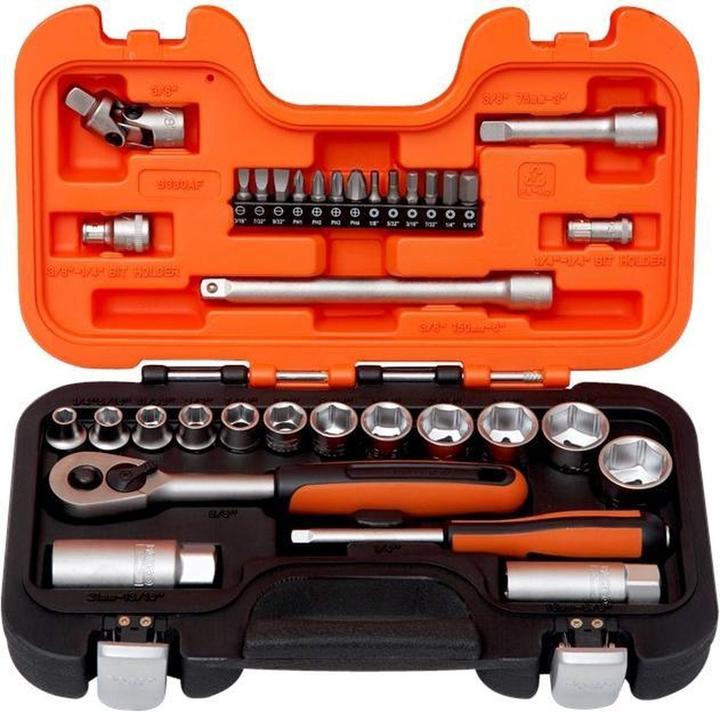 Produktbild Bahco 1/4" und 3/8" Steckschlüssel-Satz, Zoll, Sechskant, inklusive Umschaltknarre - 34-teilig (3/8", 1/4")