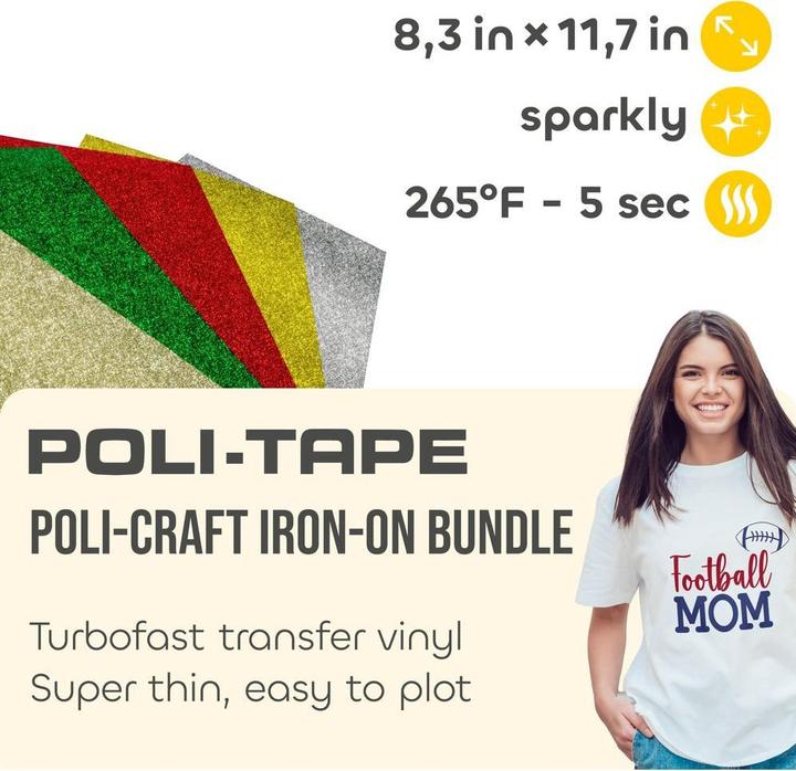 Actual product image Poli-tape Aufbügelfolie Glitter Christmas A4, mehrfarbig, 5 Stück (140 g/m², 1x)