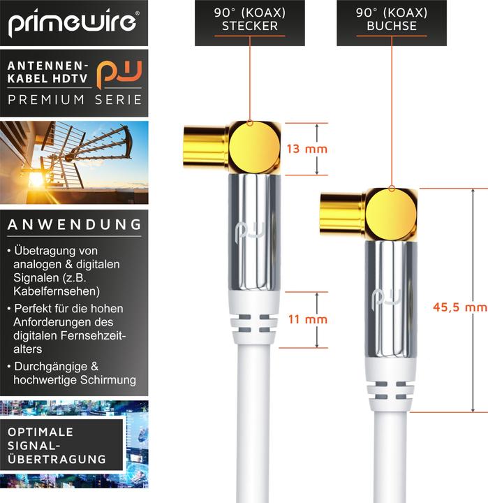 Image du produit Primewire Antennenkabel 90° gewinkelt | HDTV Premium Koaxialkabel 135dB / 75 Ohm | FullHD / 4k Ultra HD (135 dB, Câble d'antenne)