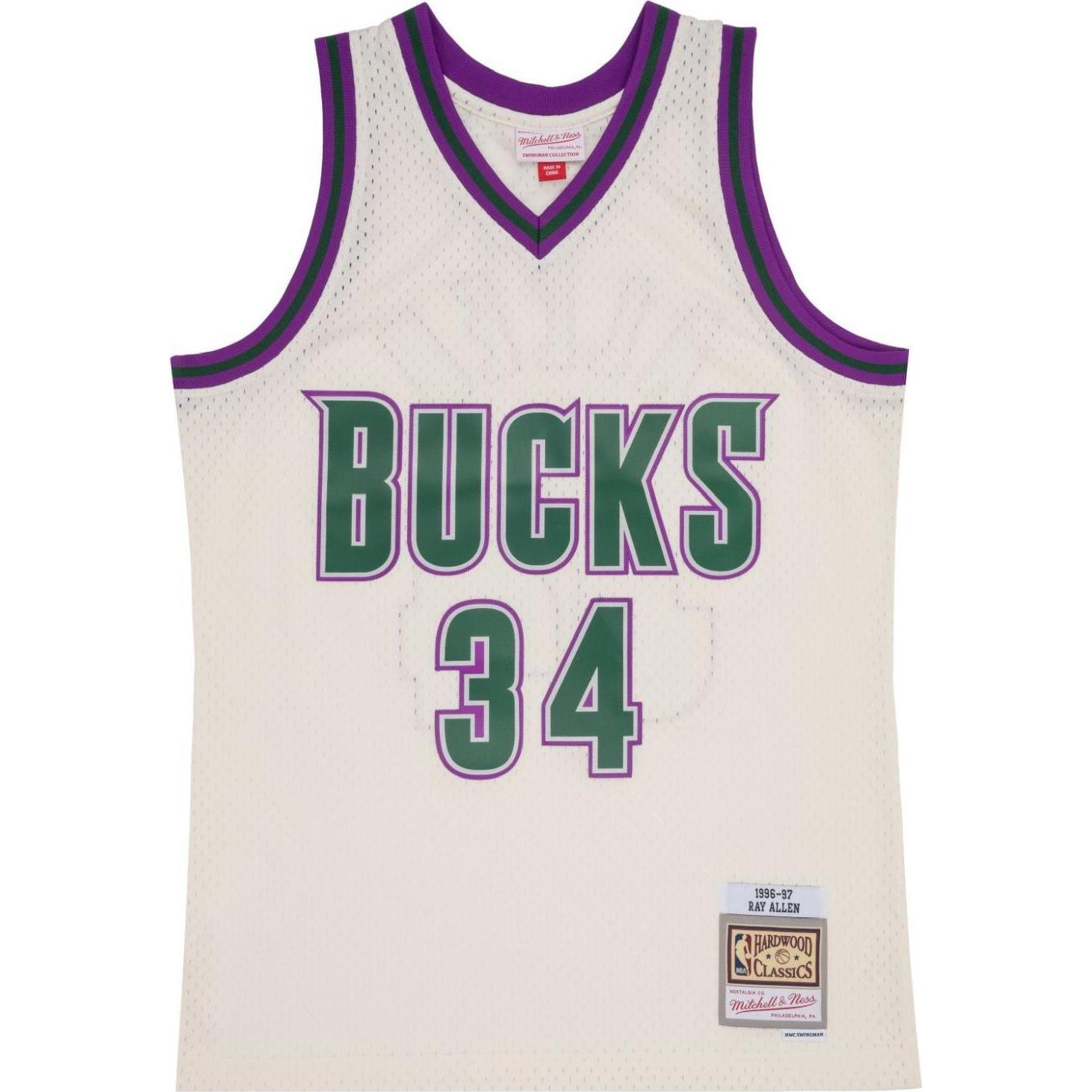 Thumbnail - Mitchell & Ness, Herren, Sportshirt, Swingman Jersey Milwaukee Bucks OFF-WHITE Ray Allen - L (L), Beige, L