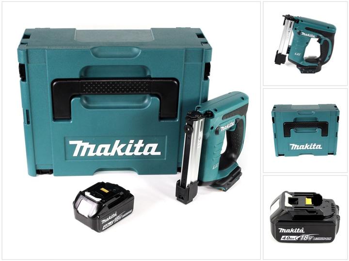 4.0 Ah 18 V Li-Ion battery, 1x studded foam insert, Makita DST 221 18V Li-Ion cordless pin tacker, 1x Makita Makpac 2 transport case, 1x Makita BL 1840 B 4000 mAh
