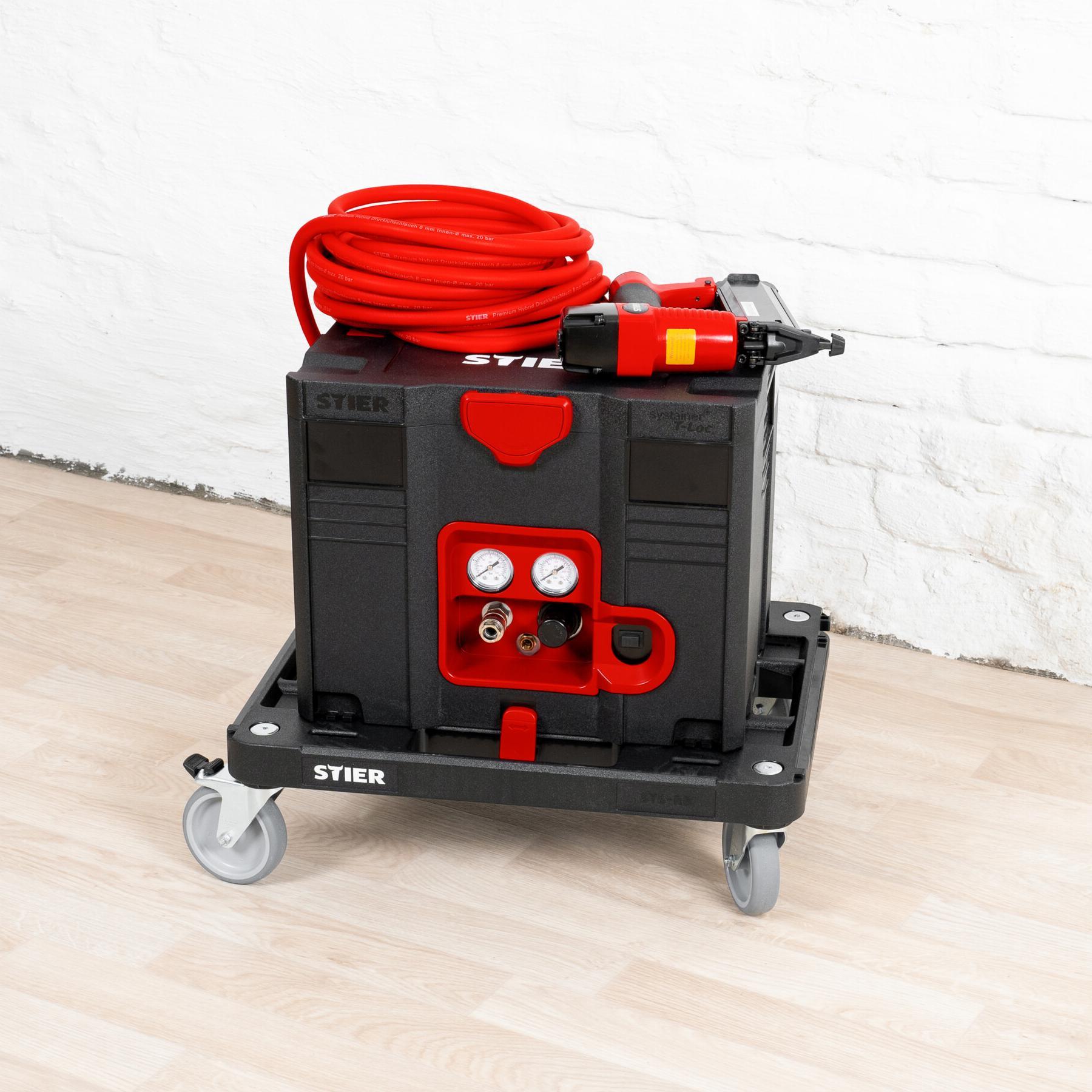 Stier, Compressore, Set di compressori Systainer con Systainer II T-Loc, tavola a rulli + chiodatrice pneumatica da 6 (6 l, 8 bar)