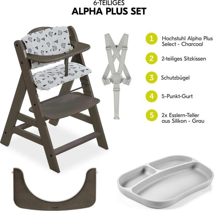 Produktbild Hauck Hochstühle Hochstuhl Alpha Plus Select Charcoal - im Sparset (Hochstuhl Sitzerhöhung)