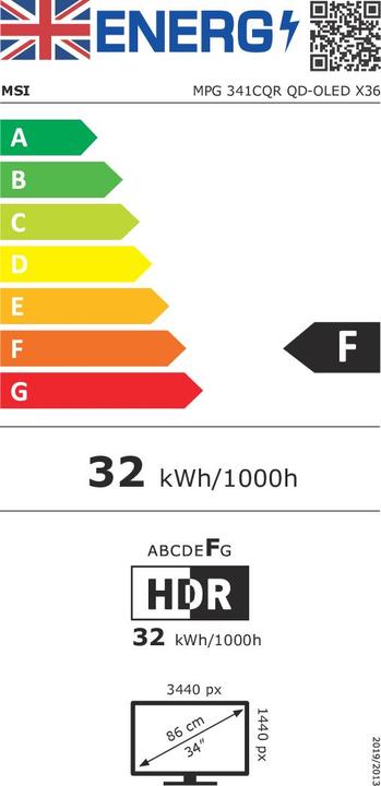Energie-Label MSI MPG 341CQR QD-OLED X36 26,5"/360Hz/0,03ms (3440 x 1440 Pixel, 34")
