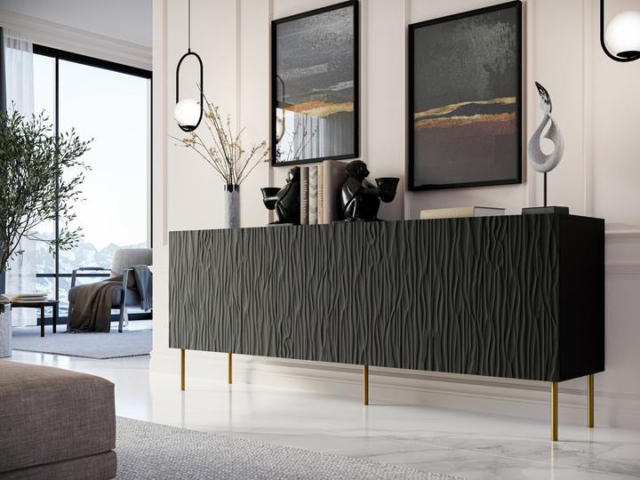 Actual product image Cama JUNGLE chest of drawers 190x40.5x74.5 black matt + golden legs (190 x 40.5 x 74.5 cm)