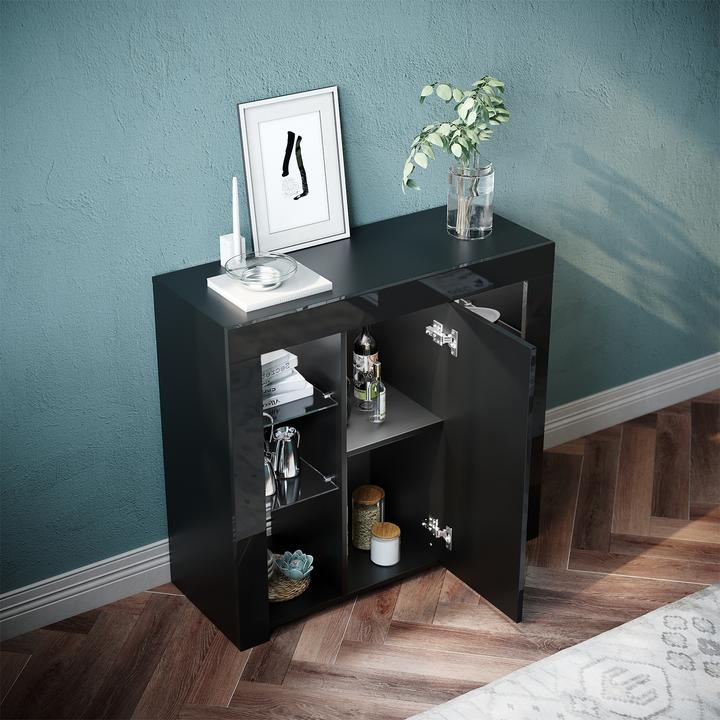Actual product image SONNI sideboard, kitchen cabinet with LED lighting (adjustable in 12 colors), black high gloss, stor