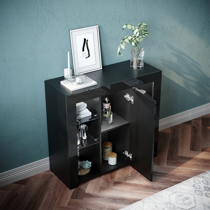 Image du produit SONNI Buffet, meuble de cuisine avec éclairage LED (réglable en 12 couleurs), noir brillant, meuble