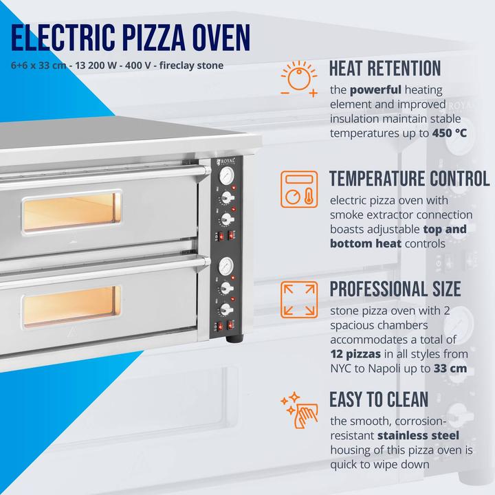 Actual product image Royal Catering Electric Pizza Oven - 6+6 x 33 cm - 2 chambers - 13 200 W - 400 V - fireclay stone - (Electric pizza oven)