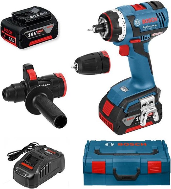 Bosch Professional GSR 18 V-EC FC2, 2 x 5.0Ah battery, incl. L-Boxx + SDS set (Rechargeable battery operated)