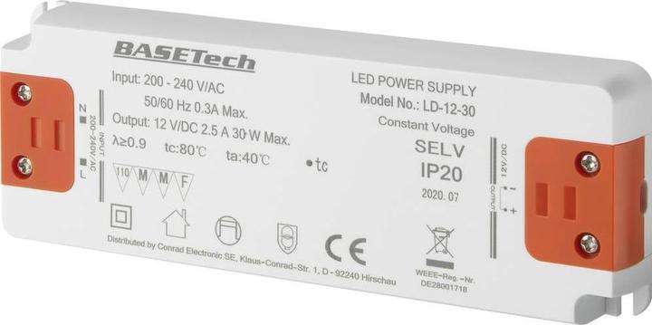 Basetech LD-12-30 LED transformer constant voltage 30 W 2.5 A Furniture approval, overvoltage