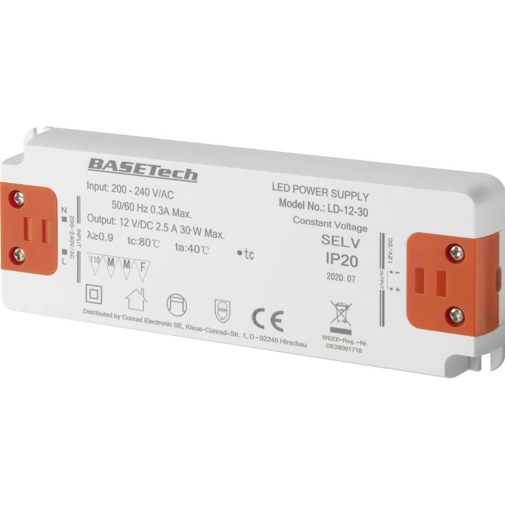 Basetech, Zubehör Beleuchtung, LD-12-30 LED-Trafo Konstantspannung 30 W 2.5 A Möbelzulassung, Übersp