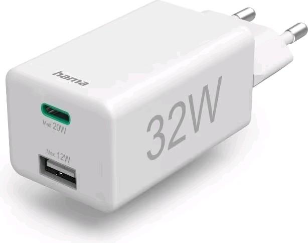Image du produit Hama Chargeur rapide, 1x USB-C, 1x USB-A, mini-chargeur, 32 watts, blanc (32 W, 2 ports)