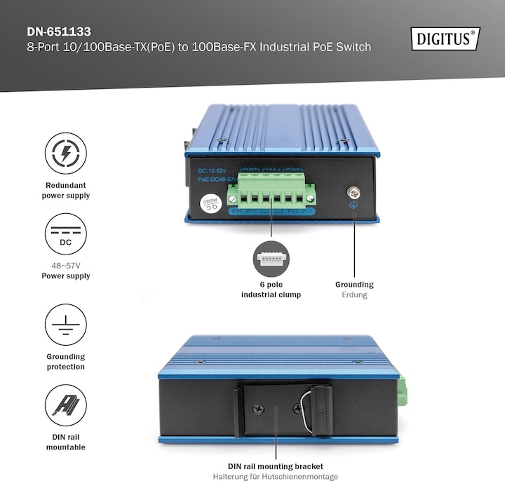 Produktbild Digitus 8-Port 10/100Base-TX(PoE) to 100Base-FX Industrial PoE Switch (8 Ports)