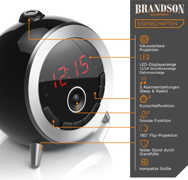 Produktbild Brandson Projektionswecker, digitaler Retro Radiowecker mit Projektion, FM Radio, kompakte Grösse, schwarz