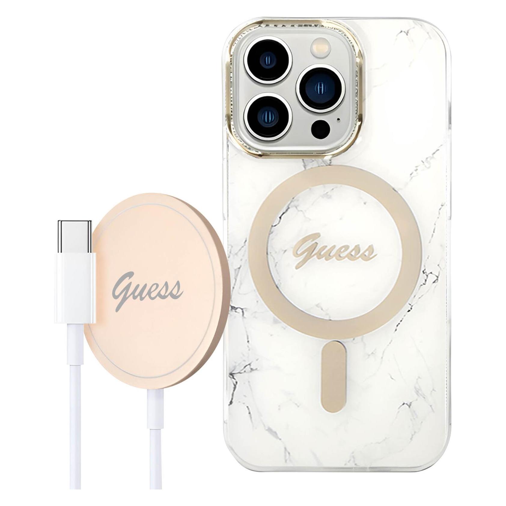 Guess Zestaw GUBPP14LHMEACSH Case+ Charger IPhone 14 Pro 6, 1" Biały/white Hard Case Marble MagSafe (Apple IPhone 14 Pro), Smartphone Hülle,