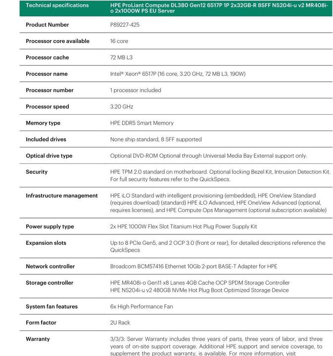 Nährwerte und Zutaten HP DL380 G12 6517P 2X32G 8SF-STOCK (64 GB, Rack Server)