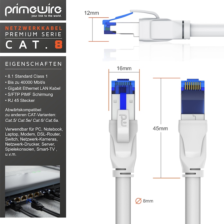 Actual product image Primewire CAT 8.1 Network Cable 40 Gbits - LAN Cable Patch Cable - CAT 8 Gigabit Ethernet Cable - RJ45 Plug (S/FTP, CAT8.1, 7.50 m)