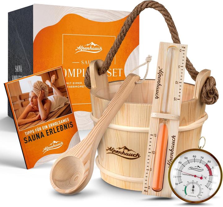 Alpenhauch Saunaeimer-Set mit Kelle, Sanduhr & Thermometer