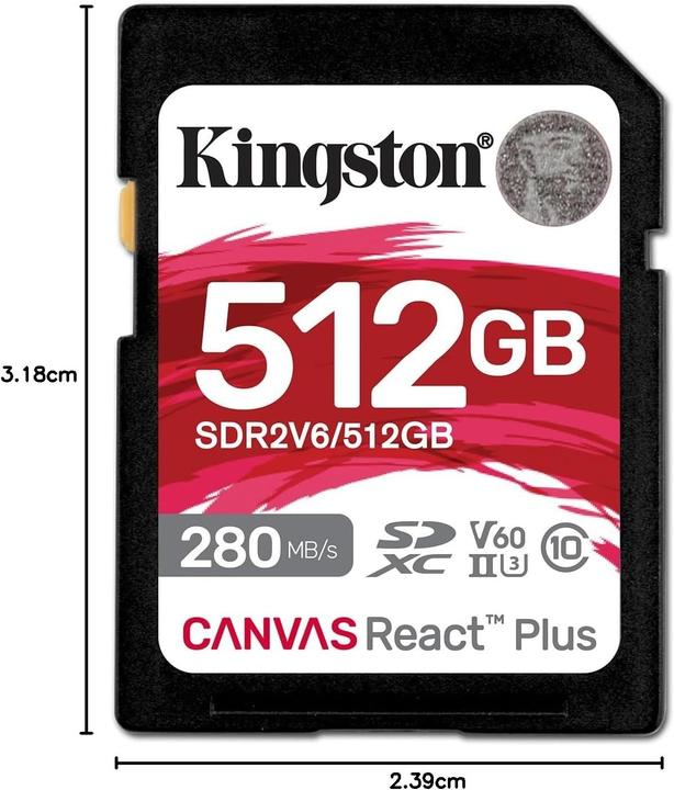 Actual product image Kingston Canvas React Plus V60 (512 GB, SDXC, U3, UHS-II)