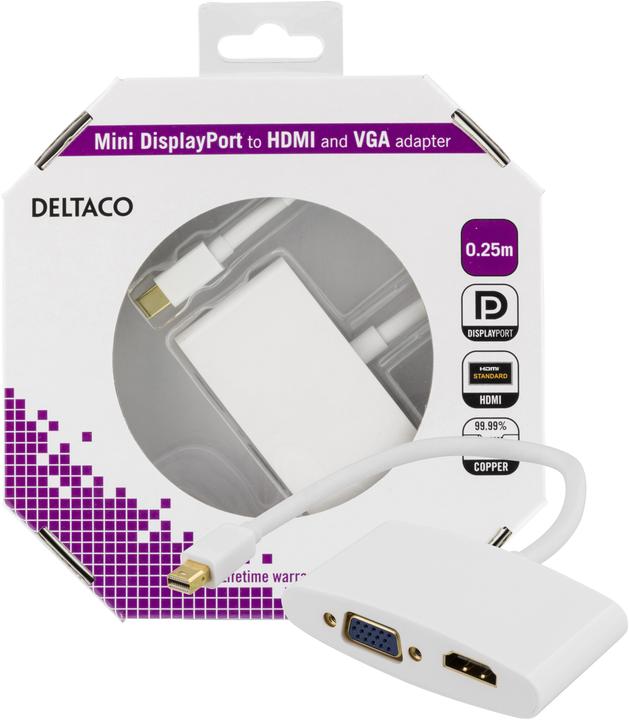 Produktbild Deltaco DP-HDMIVGA1-K video cable adapter Mini DisplayPort HDMI + VGA (D-Sub) White (HDMI)