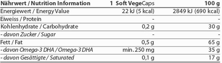 Nährwerte und Zutaten Energybalance Ovega3 life DHA Algenöl Kapseln (60 Stück, Kapseln, 51 g)