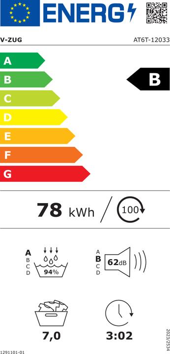 Energy Label V-ZUG Wäschetrockner AdoraTrocknen V6000 Links, Einsatzort (7 kg, Left)
