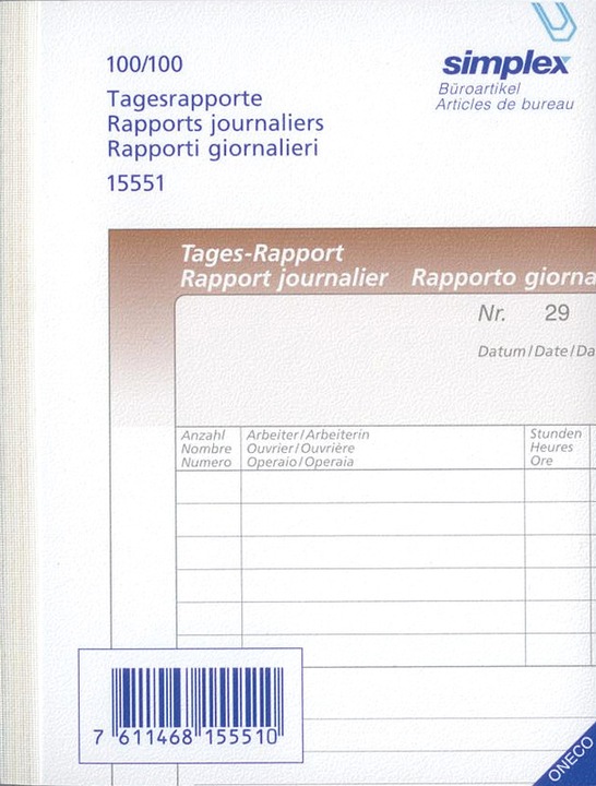Image du produit Simplex Cahier autocopiant Rapports journaliers Oneco (200 x)