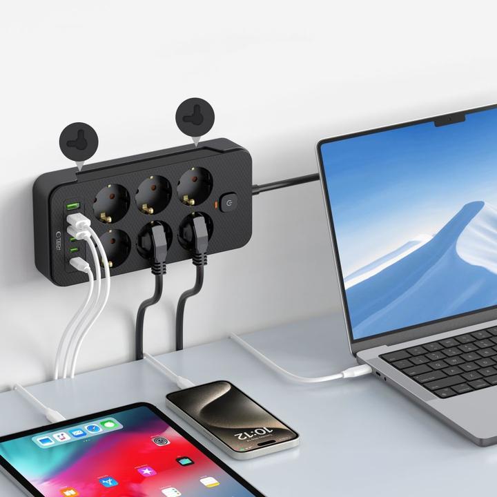 Actual product image Tech-Protect PC6X6 Power Strip 6 Sockets 240V + 3xUSB-A + 3xUSB-C 200cm - Black (3 x, USB-A, USB-C, 2 m)
