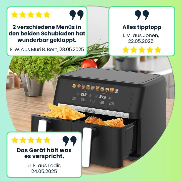Produktbild Casativo Premium Doppelkorb Heissluftfritteuse, Dual Zone, 2x 4,5 l - Air Fryer Edelstahl / ABS