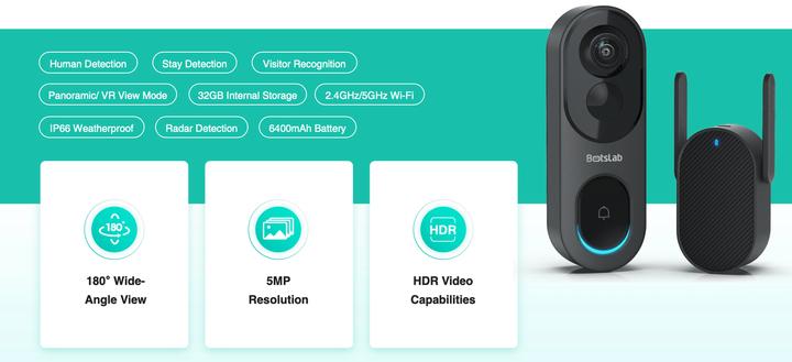 Immagine prodotto Botslab Campanello video, capacità 6400mAh, visione grandangolare a 180°, memoria interna 32G, rilevamento (WiFi)