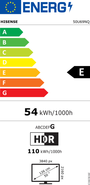 Energy Label Hisense TV 50U69NQ U6 SERIES Smart TV 50 (50", Mini-LED, 4K, 2024)