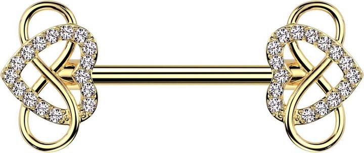 Produktbild Star Piercing Barbell vergoldet mit zwei Herz vergoldet Kristalle silber und Unendlichkeit (Messing, Chirurgenstahl 316L)