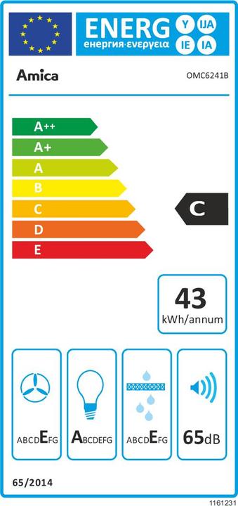 Energie-Label Amica OMC6241B Dunstabzugshaube Eingebaut ³/h C (Flachschirmhaube)