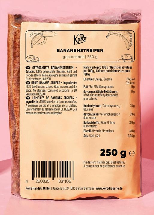 Nutritional values and ingredients KoRo Getrocknete Bananenstreifen (250 g)