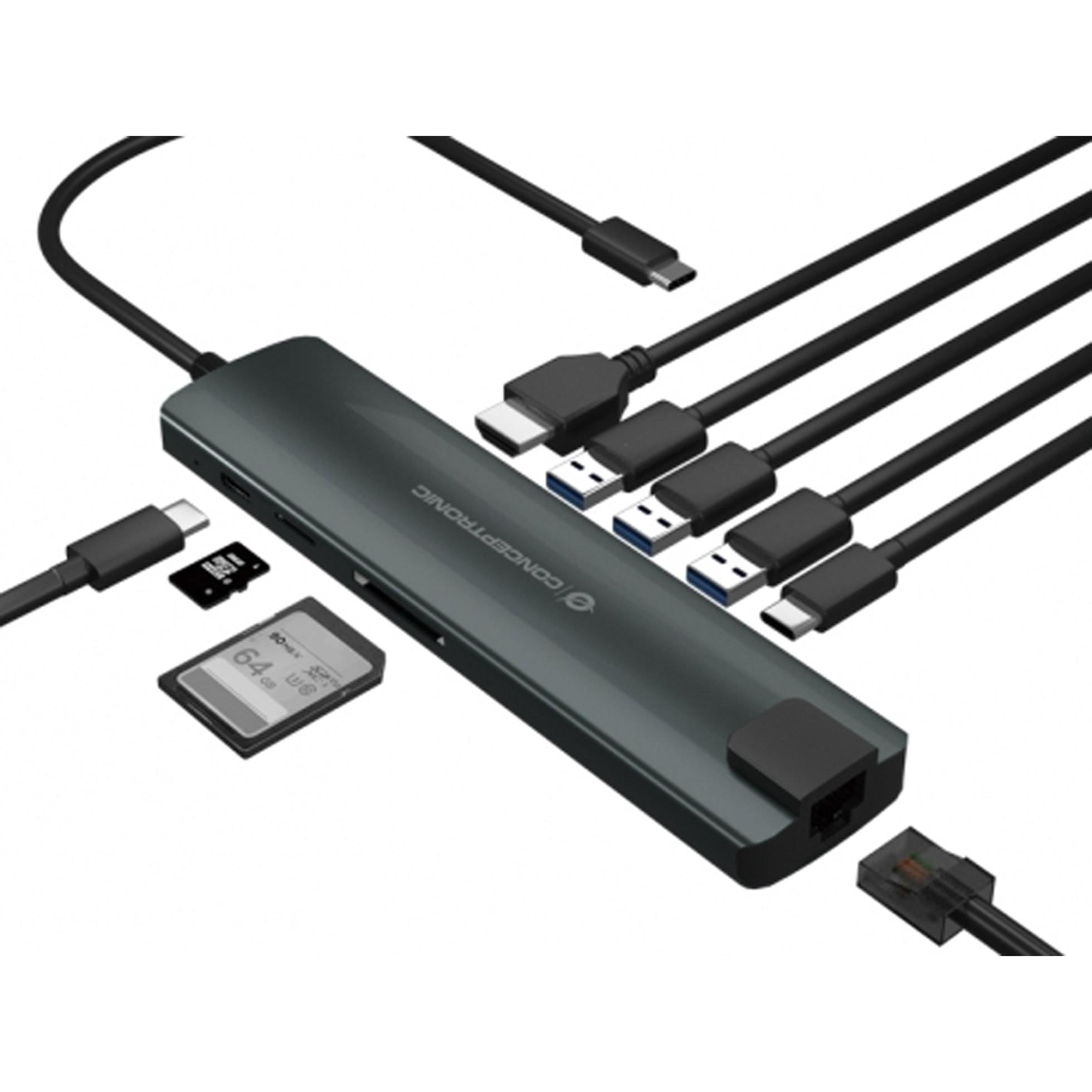 Thumbnail - Conceptronic DONN06G (USB-C, 10 Ports), Dockingstation + USB Hub, Silber, Schwarz