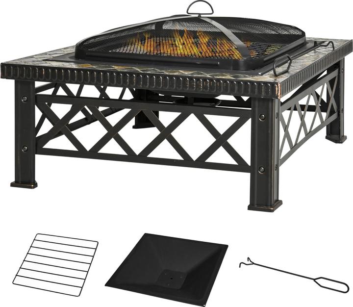 Outsunny Bac à feu avec pare-étincelles et grille (76 cm)