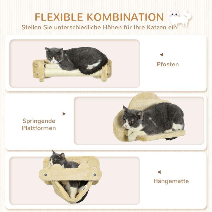 Immagine prodotto Swisshandel24 Parete di arrampicata per gatti 5 pezzi con scale, 2 tiragraffi, piattaforme, amaca, peluche (Beige)