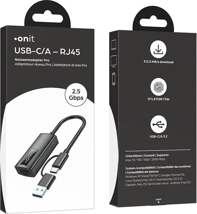 Produktbild Onit Netzwerk-Adapter Pro USB-C/A – RJ45 2.5G-LAN (USB 3.1, USB, RJ45 2.5 Gigabit Ethernet (1x))