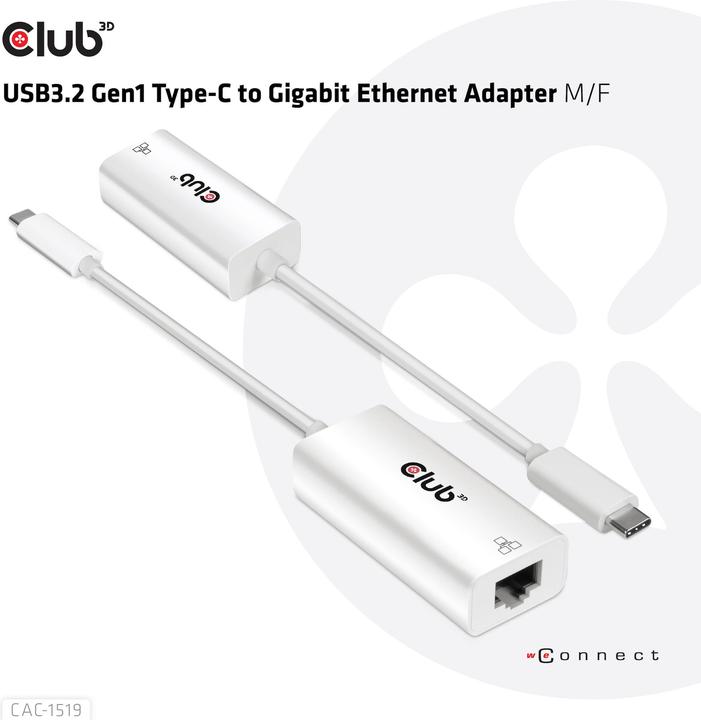 Produktbild Club 3D USB3.2 Gen1 Typ-C zu RJ-45 (USB 3.2, RJ45 (1x))