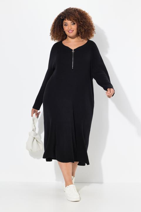 Produktbild Ulla Popken Rippjersey-Midikleid, Zipper, A-Linie, V-Ausschnitt, Langarm (50, 52)