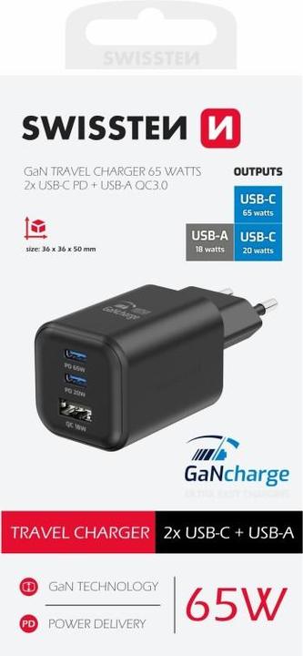 Produktbild Swissten Travel Charger Gan 2X USB-C 65W PD + 1X USB-A 18W QC Black (65 W, 3 Ports)