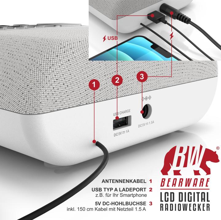 Actual product image Bearware Radiowecker digital, DAB+ Radio, Wecker, Alarm & Snooze, 4 Helligkeitsstufen, USB Ladeport