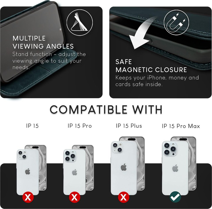 Produktbild Nalia Echt Leder Flip Case Hülle mit Magnetverschluss (Apple iPhone 15 Pro Max)