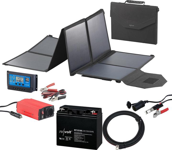 Produktbild Revolt Solarpanel (100 Watt) mit Akku, Laderegler, 230-V-Wandler, Kfz-Adapter (100 W)