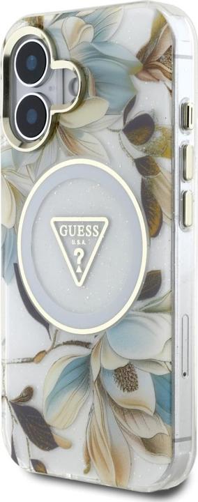 Immagine prodotto Guess Glitter Flowers Triangle Buttons MagSafe case for iPhone 16 white (Apple iPhone 16)
